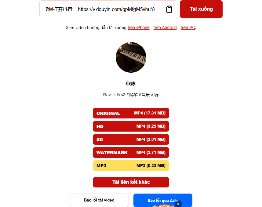 TikGo zpracovává sdílecí text Douyin s přebytečnými znaky a vrací možnosti stažení