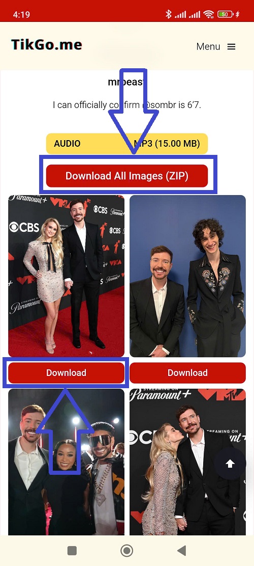لقطة شاشة لـ TikGo تعرض تنزيلات الصور الفردية وخيار حزمة ZIP