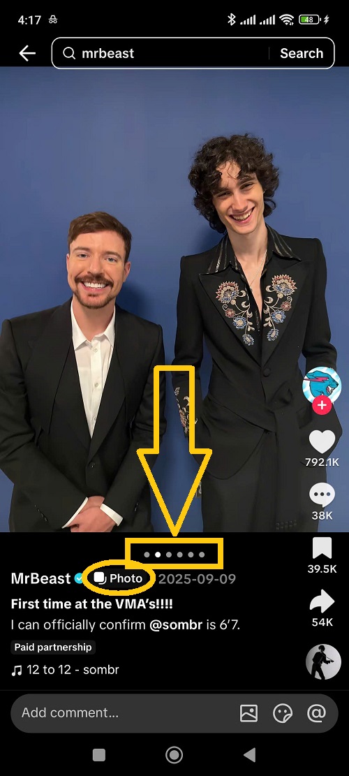 لقطة شاشة توضح عداد شرائح الصور في منشور TikTok